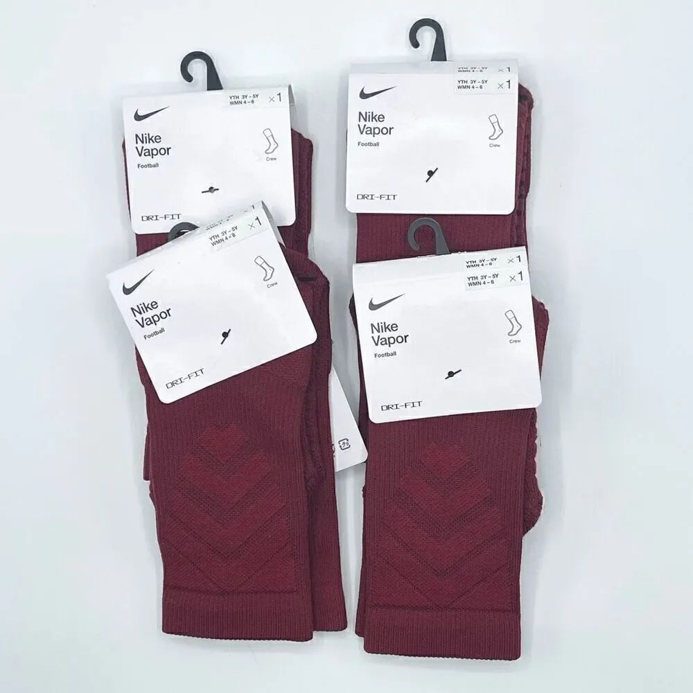 Nike Vapor lot of Four Pair Dark Red Football Crew Socks - Size 3Y-5Y / Women 4-